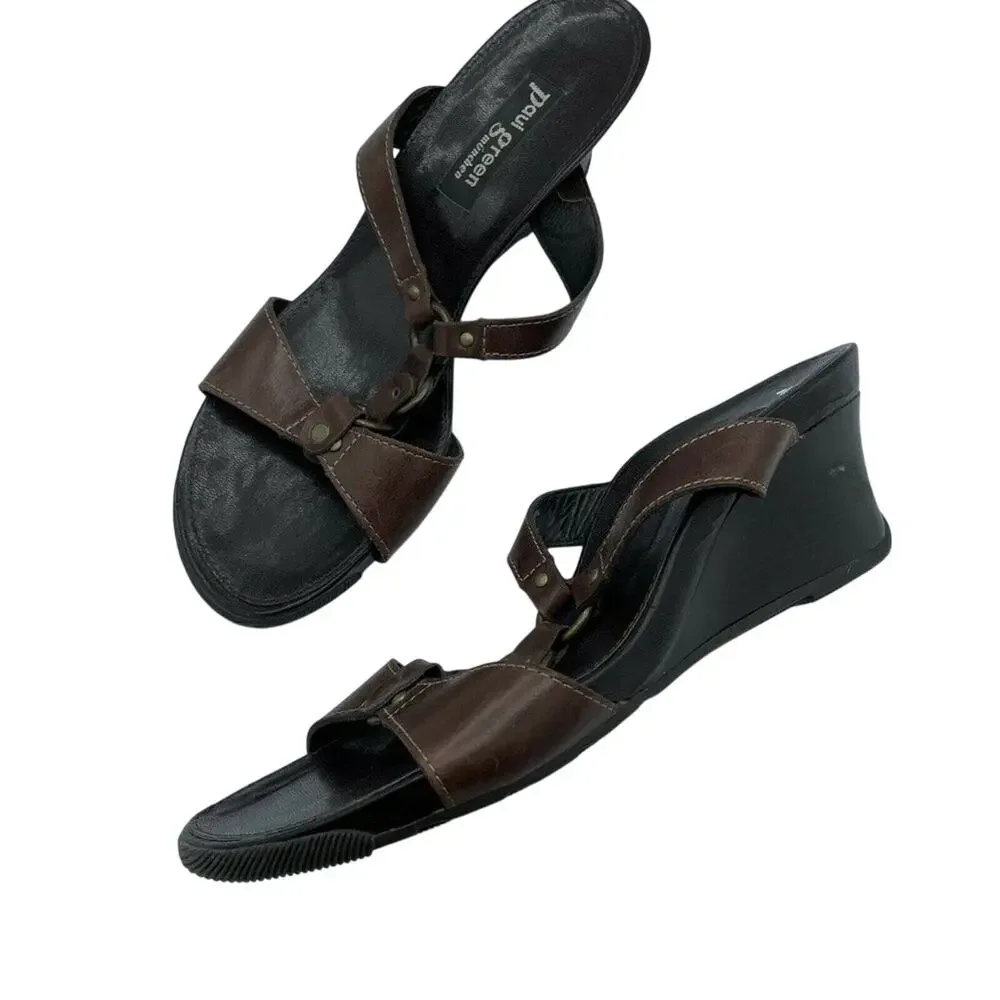 Paul Green Brown Open Toe Wedge Heel Leather 6.5 Y2K